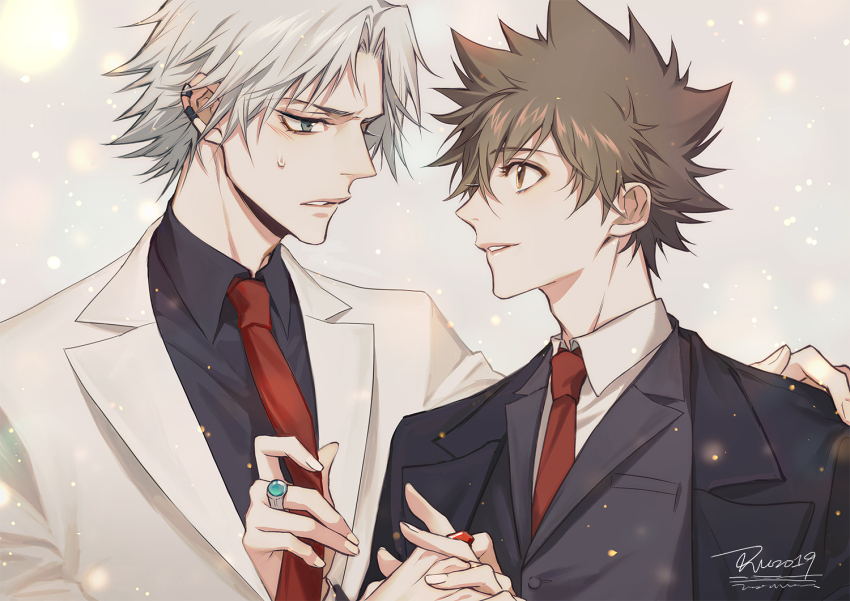 2boys artist_name black_jacket black_shirt blue_eyes brown_eyes brown_hair collared_shirt ear_piercing earrings formal_clothes gokudera_hayato grey_hair holding_hands jacket jewelry katekyo_hitman_reborn! looking_at_another male_focus multiple_boys necktie parted_lips piercing red_necktie ring ru_(famia) sawada_tsunayoshi shirt short_hair signature smile spiked_hair suit suit_jacket sweatdrop upper_body white_suit yaoi