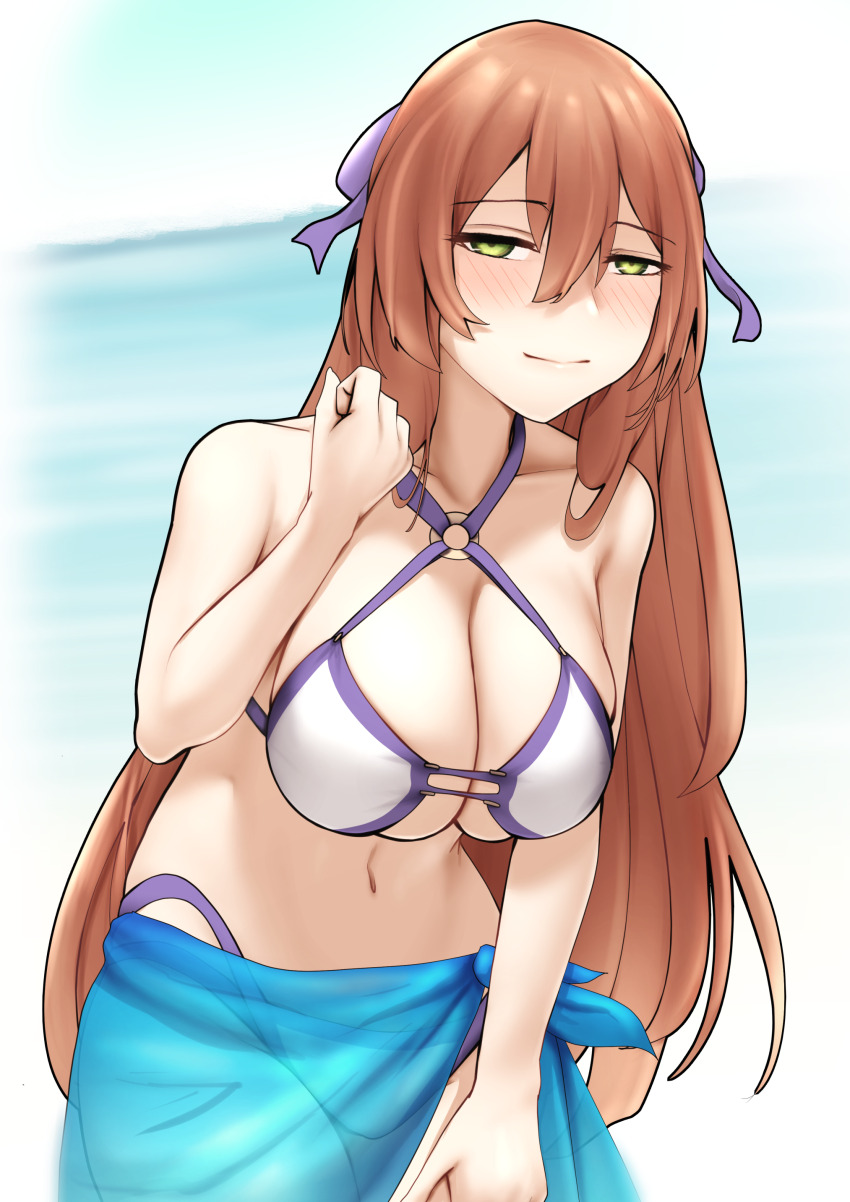 1girl absurdres aqua_sarong bare_arms bare_shoulders bikini blush breasts brown_hair cleavage collarbone commentary_request cowboy_shot girls&#039;_frontline green_eyes hair_between_eyes hair_ribbon highres large_breasts long_hair looking_at_viewer navel o-ring o-ring_bikini o-ring_top official_alternate_costume ribbon sarong sidelocks smile solo springfield_(girls&#039;_frontline) springfield_(stirring_mermaid)_(girls&#039;_frontline) stomach swimsuit tun_turu10