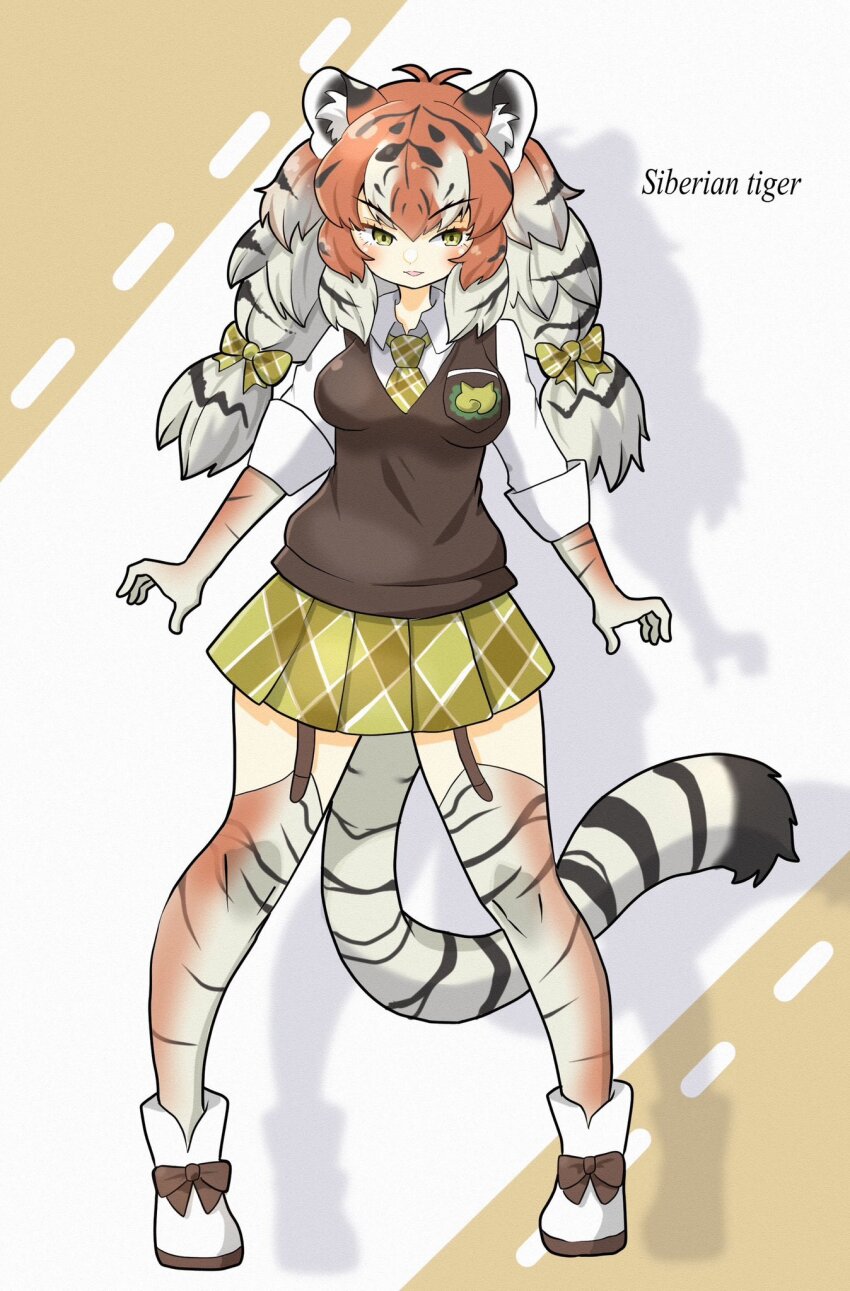 1girl animal_ears animal_print black_hair blush bow breasts garter_straps gloves hair_bow highres japari_symbol kemono_friends large_breasts long_hair looking_at_viewer multicolored_hair necktie orange_hair penchuan_qi plaid_bow plaid_clothes plaid_necktie print_gloves print_thighhighs shirt siberian_tiger_(kemono_friends) skirt smile solo striped_hair tail thighhighs tiger_ears tiger_girl tiger_print tiger_stripes tiger_tail white_hair white_tiger_print yellow_eyes yellow_necktie