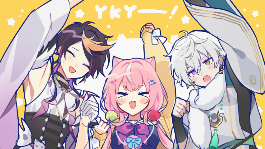 &gt;_&lt; 1girl 2boys animal_ears black_hair blonde_hair cat_ears cat_girl clenched_hands closed_eyes gloves green_eyes half_gloves hand_up heterochromia highres low_twintails multicolored_hair multiple_boys murakumo_kagetsu murakumo_kagetsu_(1st_costume) nijisanji nijisanji_en nijisanji_kr pink_hair purple_eyes purple_hair sailor_collar shu_yamino shu_yamino_(1st_costume) streaked_hair twintails virtual_youtuber waka_(wk4444) white_gloves white_hair white_sailor_collar yang_nari yang_nari_(1st_costume)