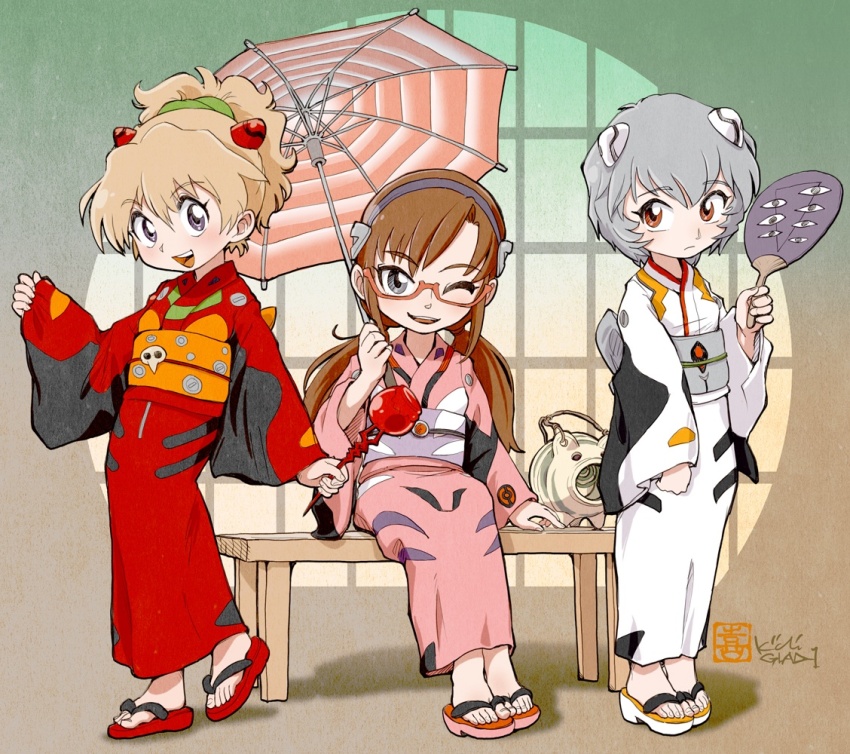 3girls adapted_costume alternate_eye_color alternate_hair_color artist_logo at_field ayanami_rei bench blonde_hair blush brown_hair candy_apple expressionless food full_body glasses gradient_background grey_eyes grey_hair hairband hairpods hand_fan holding holding_fan holding_food holding_umbrella japanese_clothes kayari_buta kiichi kimono lance_of_longinus_(evangelion) logo looking_at_viewer makinami_mari_illustrious mosquito_coil multiple_girls neon_genesis_evangelion obi oil-paper_umbrella one_eye_closed open_mouth paper_fan pink_kimono ponytail purple_eyes red-framed_eyewear red_eyes red_kimono sandals sash seele_(evangelion) semi-rimless_eyewear short_hair signature sitting smile souryuu_asuka_langley twintails uchiwa umbrella under-rim_eyewear white_kimono wide_sleeves yukata