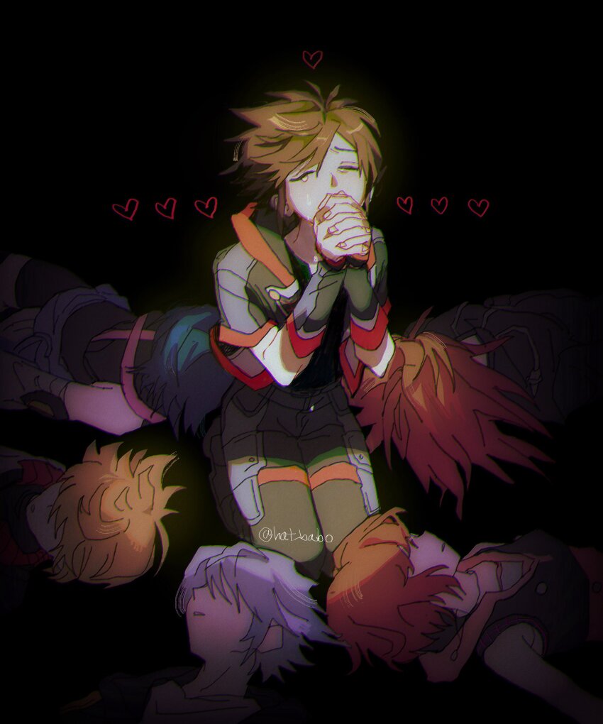 2girls 4boys aqua_(kingdom_hearts) axel_(kingdom_hearts) blonde_hair blue_hair brown_hair commentary crying english_commentary gloves hat_babo heart highres kairi_(kingdom_hearts) kingdom_hearts kneeling male_focus multiple_boys multiple_girls praying red_hair riku_(kingdom_hearts) roxas short_hair sora_(kingdom_hearts) spiked_hair