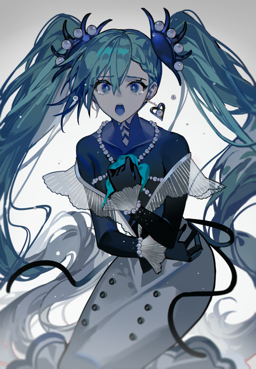 1girl absurdres aqua_hair blue_eyes blue_shirt bright_pupils commentary dress english_commentary gem hatsune_miku highres kazenemuri long_dress long_hair long_sleeves off-shoulder_dress off_shoulder open_mouth pearl_(gemstone) pearl_hair_ornament shell_hair_ornament shirt shirt_under_dress sitting solo tears tight_clothes tight_dress tight_shirt twintails very_long_hair vocaloid white_dress white_pupils