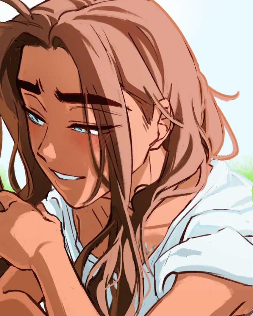 1girl alien_stage brown_hair commentary dark-skinned_female dark_skin grey_eyes hashtag-only_commentary highres hyuna_(alien_stage) kuradrawings long_hair portrait shirt short_sleeves smile solo white_shirt