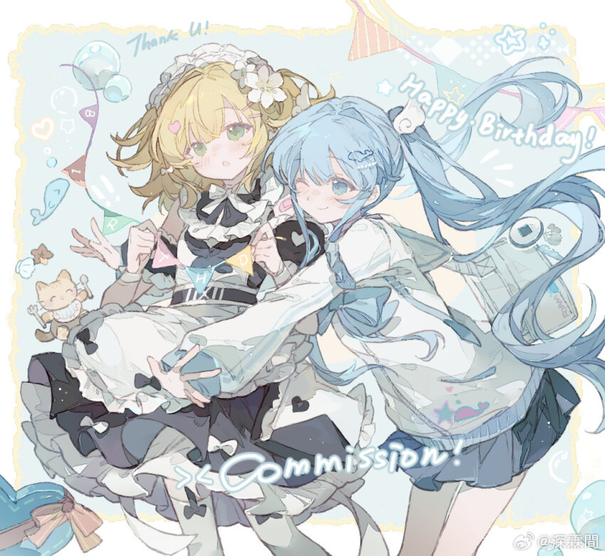 2girls ^_^ apron backpack bag bag_charm balloon beads bib birthday black_bow black_dress blonde_hair blue_background blue_bow blue_bowtie blue_eyes blue_hair blue_skirt blunt_bangs border bow bow_apron bow_legwear bowtie box bubble cat charm_(object) chinese_commentary closed_eyes closed_mouth collared_dress commentary_request commission cowboy_shot dot_nose dress dress_bow english_text floating_hair flower fork frilled_apron frilled_dress frilled_hairband frilled_sleeves frills garland_(decoration) gift green_eyes hair_beads hair_bow hair_flower hair_ornament hairband hairclip happy_birthday heart heart-shaped_box heart_hair_ornament holding hug hug_from_behind jacket koiliblikas light_brown_hair light_particles long_hair maid maid_headdress medium_hair microskirt multiple_girls one_eye_closed open_mouth original outside_border outstretched_arms pleated_skirt pocket puffy_short_sleeves puffy_sleeves ribbed_legwear sailor_collar sample_watermark shell short_dress short_sleeves skirt smile spoon star_(symbol) star_print starfish string_of_flags sweater_vest thighhighs twintails two_side_up very_long_hair watermark wavy_hair weibo_watermark whale whale_hair_ornament white_apron white_bag white_border white_bow white_bowtie white_flower white_hairband white_jacket white_sailor_collar white_thighhighs wing_hair_ornament zipper