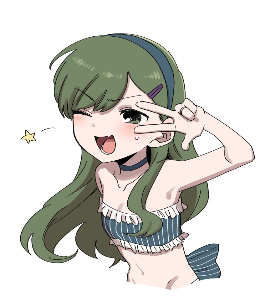 1girl absurdres alternate_hairstyle bikini blue_bikini blue_choker blue_hairband choker commentary_request cropped_torso fang flat_chest green_eyes green_hair hair_ornament hairband hairclip highres igarashi_futaba jewelry long_hair lower_teeth_only navel ring senpai_ga_uzai_kouhai_no_hanashi shiromanta simple_background skin_fang solo star_(symbol) stomach strapless strapless_bikini striped_bikini striped_clothes sweat swimsuit teeth v v_over_eye vertical-striped_bikini vertical-striped_clothes white_background
