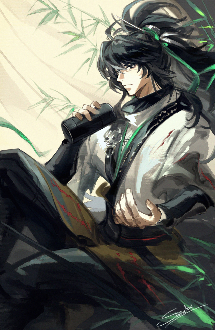 1boy absurdres black_hair black_pants chinese_clothes closed_mouth coat commentary english_commentary green_ribbon hair_ornament hair_ribbon hair_stick hand_up highres holding long_hair looking_at_viewer male_focus multicolored_hair pants ponytail qiuyuan_(wuthering_waves) ribbon signature sitting solo steve_zheng streaked_hair white_coat wuthering_waves yellow_eyes