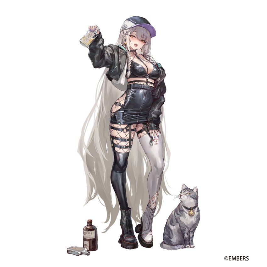 alcohol ash_arms b-50_superfortress_(ash_arms) baseball_cap bikini black_dress boots dress fishnets garter_straps hat highres jacket open_clothes open_jacket suzuno_(bookshelf) thighhighs white_hair zipper zipper_bikini