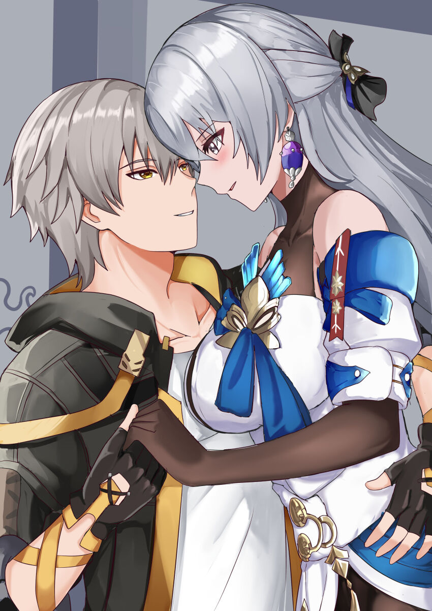 1boy absurdres bare_shoulders black_jacket blush breasts bronya_rand caelus_(honkai:_star_rail) collarbone detached_sleeves earrings elbow_gloves gloves grey_eyes grey_hair hand_on_another&#039;s_hip hetero highres holding_hands honkai:_star_rail honkai_(series) imminent_kiss jacket jewelry large_breasts long_hair open_clothes open_jacket shirt short_hair tian_kazuki trailblazer_(honkai:_star_rail) white_shirt yellow_eyes
