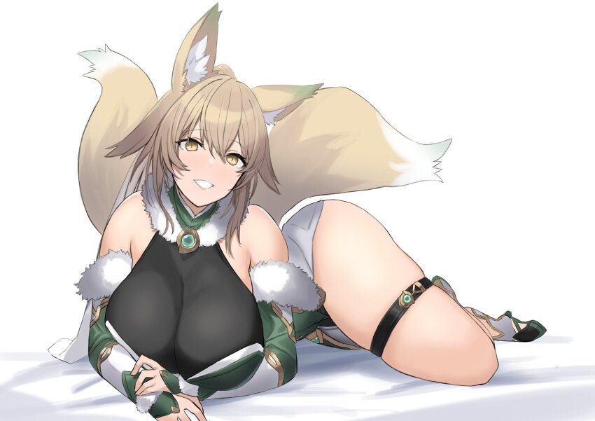 1girl animal_ear_fluff animal_ears bare_shoulders black_leotard blonde_hair blush commission detached_sleeves fox_ears fox_girl fox_tail fur-trimmed_sleeves fur_trim ganesagi hair_between_eyes highres hug leotard long_hair looking_at_viewer lying multiple_tails on_stomach original parted_lips second-party_source simple_background skeb_commission solo suirin_(tukikagerou) tail thick_thighs thigh_strap thighs white_background yellow_eyes