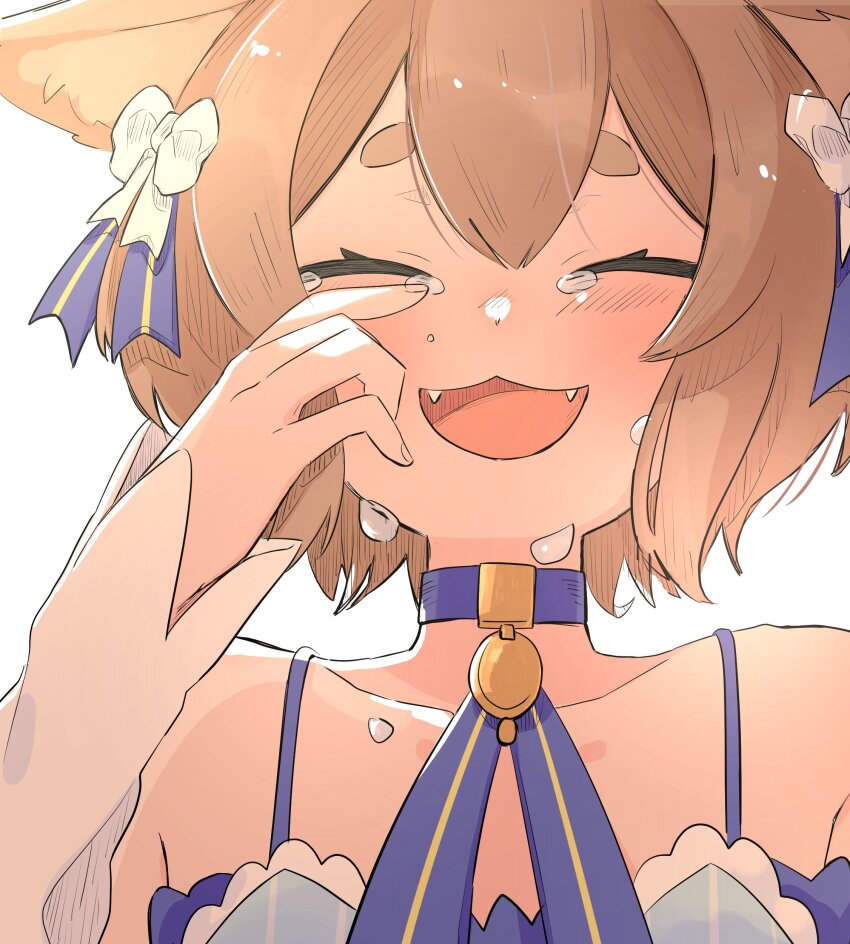 1boy absurdres animal_ears blue_choker blue_dress blue_ribbon blush bow brown_hair cat_ears choker closed_eyes detached_sleeves dress fang felix_argyle gold_pendant happy highres male_focus medium_hair nerx75 re:zero_kara_hajimeru_isekai_seikatsu ribbon simple_background smile tearing_up tears trap warm_colored white_background white_bow white_sleeves wiping_tears