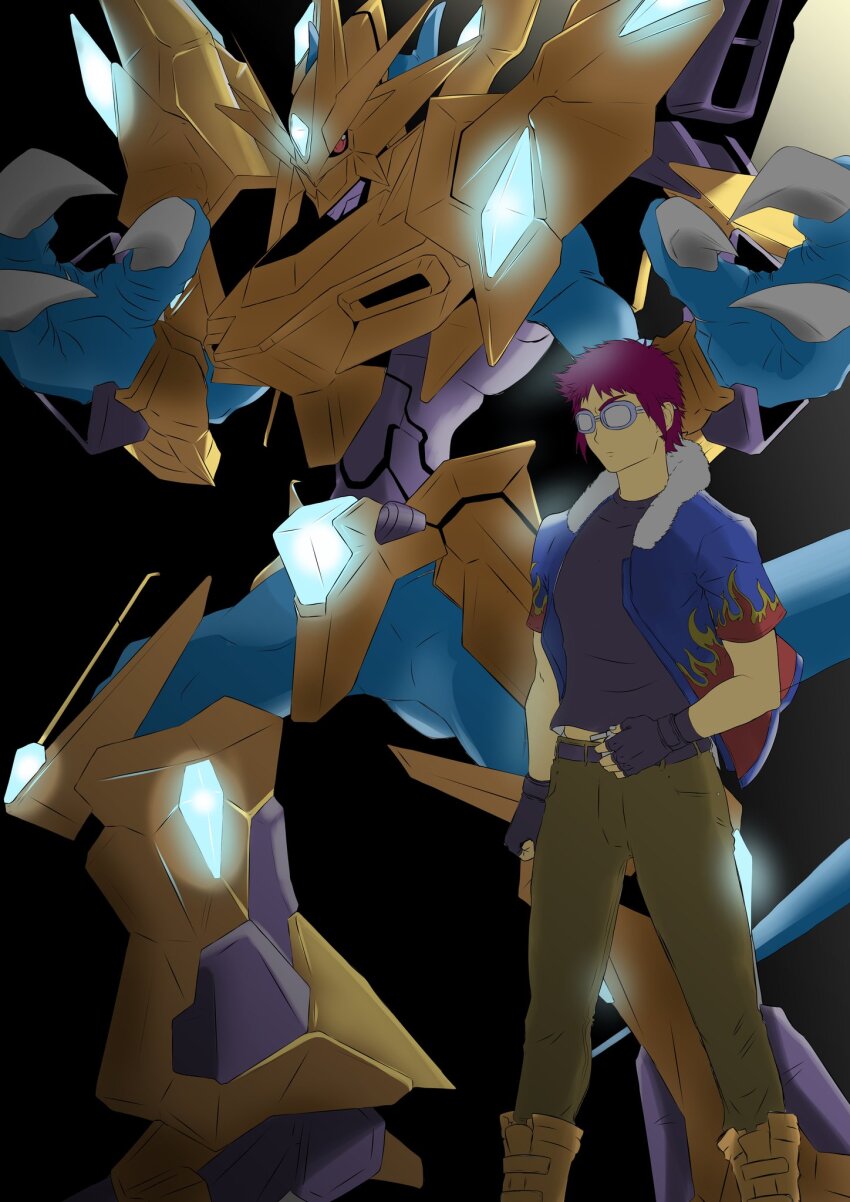 2boys armor belt boots digimon digimon_(creature) glasses highres magnamon magnamon_x-antibody motomiya_daisuke multiple_boys