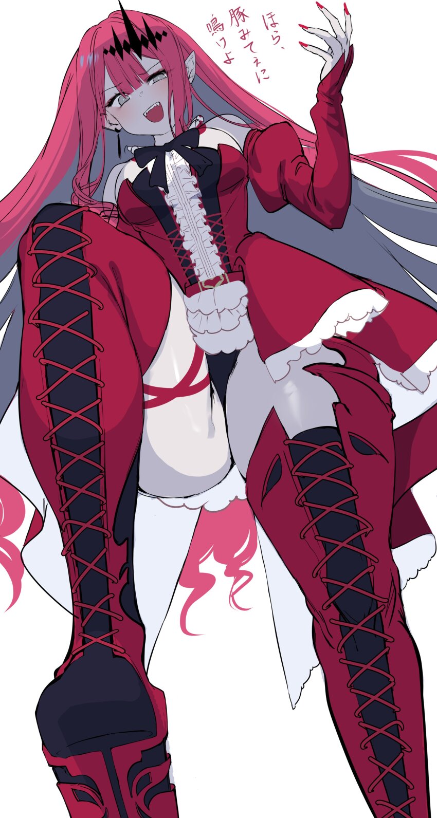 1girl absurdres agetama baobhan_sith_(fate) baobhan_sith_(first_ascension)_(fate) bare_shoulders blush boots breasts center_frills detached_collar detached_sleeves dress earrings fate/grand_order fate_(series) frills grey_eyes highres jewelry large_breasts long_hair looking_at_viewer open_mouth pink_hair pointy_ears red_boots red_dress sidelocks solo thigh_boots thighs tiara translation_request