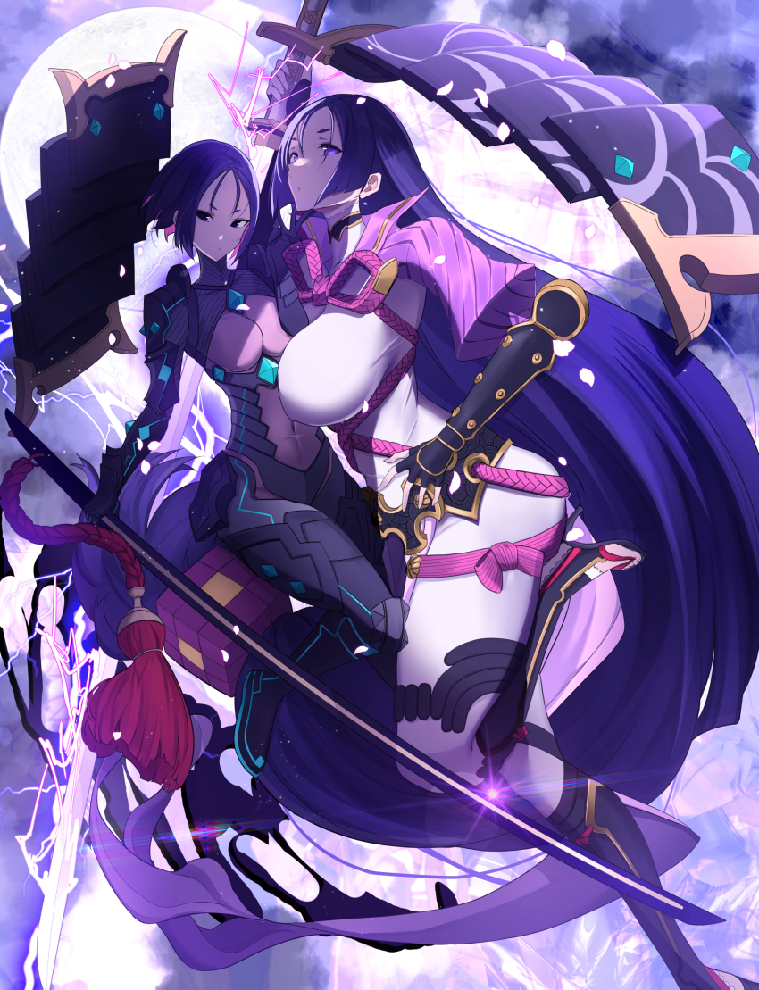 2girls absurdres arm_guards armor black_armor bob_cut bodysuit breasts dual_persona fate/grand_order fate/samurai_remnant fate_(series) fingerless_gloves full_moon gem gloves highres holding holding_sword holding_weapon huge_breasts japanese_armor katana kote lightning long_hair low-tied_long_hair minamoto_no_raikou_(fate) moon multiple_girls parted_bangs purple_eyes purple_hair ribbed_sleeves rope sandals short_hair small_breasts sword tassel toeless_footwear toeless_legwear untue ushi_gozen_(avenger)_(fate) ushi_gozen_(fate) very_long_hair weapon