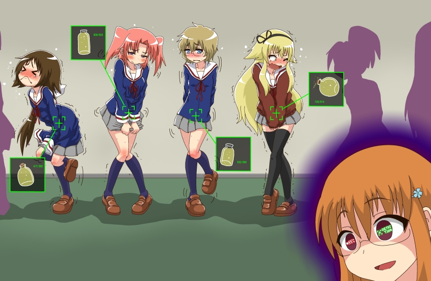 &gt;_&lt; 5girls :&lt; absurdres ao_kurage arched_back arms_behind_back aura bathroom_line between_legs biting_own_lip black_hairband black_thighhighs blonde_hair blue_eyes blue_shirt blue_socks blush bottle breasts brown_footwear brown_hair closed_eyes clothes_grab collarbone constricted_pupils cork corked_bottle crossed_legs dark_aura embarrassed english_text female_focus flat_chest flower flying_sweatdrops full_body glasses grey_skirt hair_flaps hair_flower hair_ornament hairband hairclip half-closed_eyes hand_between_legs have_to_pee heel_up highres indoors jaggy_lines kneehighs knees_together_feet_apart leg_up legs long_hair long_sleeves looking_at_viewer medium_hair mikakunin_de_shinkoukei miniskirt mitsumine_mashiro momouchi_mayura motion_lines multiple_girls neck_ribbon nervous nose_blush one_eye_closed open_mouth orange_hair pee peeing peeing_self pink_hair pleated_skirt ponytail purple_eyes queue raised_eyebrow raised_eyebrows recording red_eyes red_ribbon red_sweater ribbon sailor_collar school_uniform serafuku shaded_face shirt shoes short_hair sidelocks silhouette skirt skirt_grab sleeves_past_fingers sleeves_past_wrists small_breasts smile socks split_mouth standing standing_on_one_leg suetsugi_konoha sweat sweater tears text_in_eyes thighhighs thighs trembling twintails urine_meter v_arms very_long_hair wavy_mouth white_sailor_collar wide-eyed wince yellow_eyes yonomori_benio yonomori_kobeni zettai_ryouiki