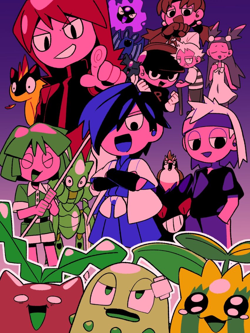 2girls 6+boys :d bandaid belt black_belt black_eyes brown_hair bugsy_(pokemon) cane chibi chikorita closed_eyes commentary_request crossed_arms dress falkner_(pokemon) gastly gen_1_pokemon gen_2_pokemon gengar gloves green_shirt green_shorts grin hair_bobbles hair_ornament hair_over_one_eye hat headband highres holding holding_cane hoppip jacket japanese_clothes jasmine_(pokemon) kimono logo long_hair morty_(pokemon) multiple_boys multiple_girls nintendo open_clothes open_jacket open_mouth outline pants pidgey pointing pokemon pokemon_(creature) pokemon_gsc pryce_(pokemon) purple_headband quilava scyther shirt short_hair short_sleeves shorts silver_(pokemon) smile striped_clothes striped_shirt sunkern t-shirt team_rocket team_rocket_grunt team_rocket_uniform tearing_up teeth two_side_up tyako_089 white_dress white_hair zubat