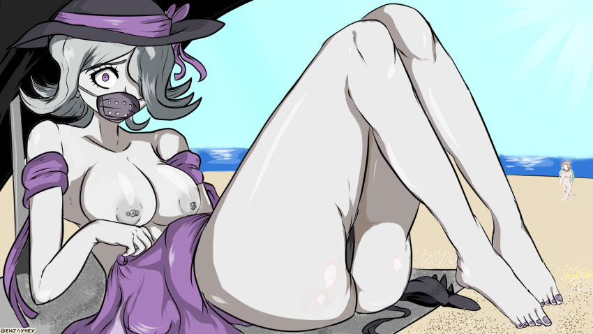 1girl ass bare_legs barefoot beach bikini bikini_bottom_only black_bikini black_headwear blue_sky bow breasts cleavage collarbone danganronpa_(series) danganronpa_3_(anime) dress enjayhey eyelashes feet grey_hair hat hat_bow hat_ribbon highres kimura_seiko knees knees_up looking_at_viewer mask masked nail_polish nipple_piercing nipples nose ocean one_eye_covered open_clothes outdoors pale_skin piercing public_indecency purple_bow purple_dress purple_eyes purple_nails purple_ribbon ribbon sand simple_background sky sunlight swimsuit thighs_together toenails toes topless_female towel umbrella unworn_bikini_top unworn_dress water wide_brim