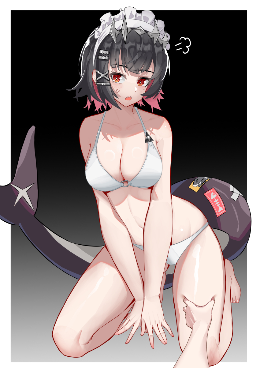 1girl 1other absurdres anger_vein bare_shoulders barefoot bikini black_background black_hair breasts cleavage collarbone ellen_joe fins fish_tail frilled_hairband frills hair_ornament hairband hand_on_another&#039;s_thigh highres kneeling large_breasts maid_headdress mole mole_under_eye muusn navel open_mouth pov red_eyes red_hair shark_girl shark_tail short_hair simple_background spiked_hairband spikes stomach swimsuit tail white_bikini zenless_zone_zero