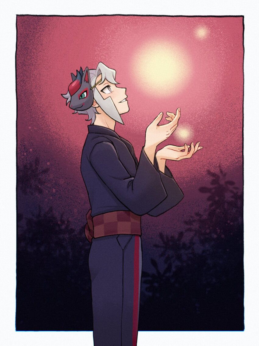 1boy black_kimono border character_mask commentary cosplay emmet_(pokemon) from_side grey_eyes grey_hair highres japanese_clothes kimono long_sleeves looking_up male_focus mask mask_on_head n_(pokemon) n_(pokemon)_(cosplay) n_(summer_2022)_(pokemon) nintendo outside_border parted_lips pokemon pokemon_bw pokemon_masters_ex red_sash sash short_hair sideburns smile solo submashell symbol-only_commentary white_border yukata