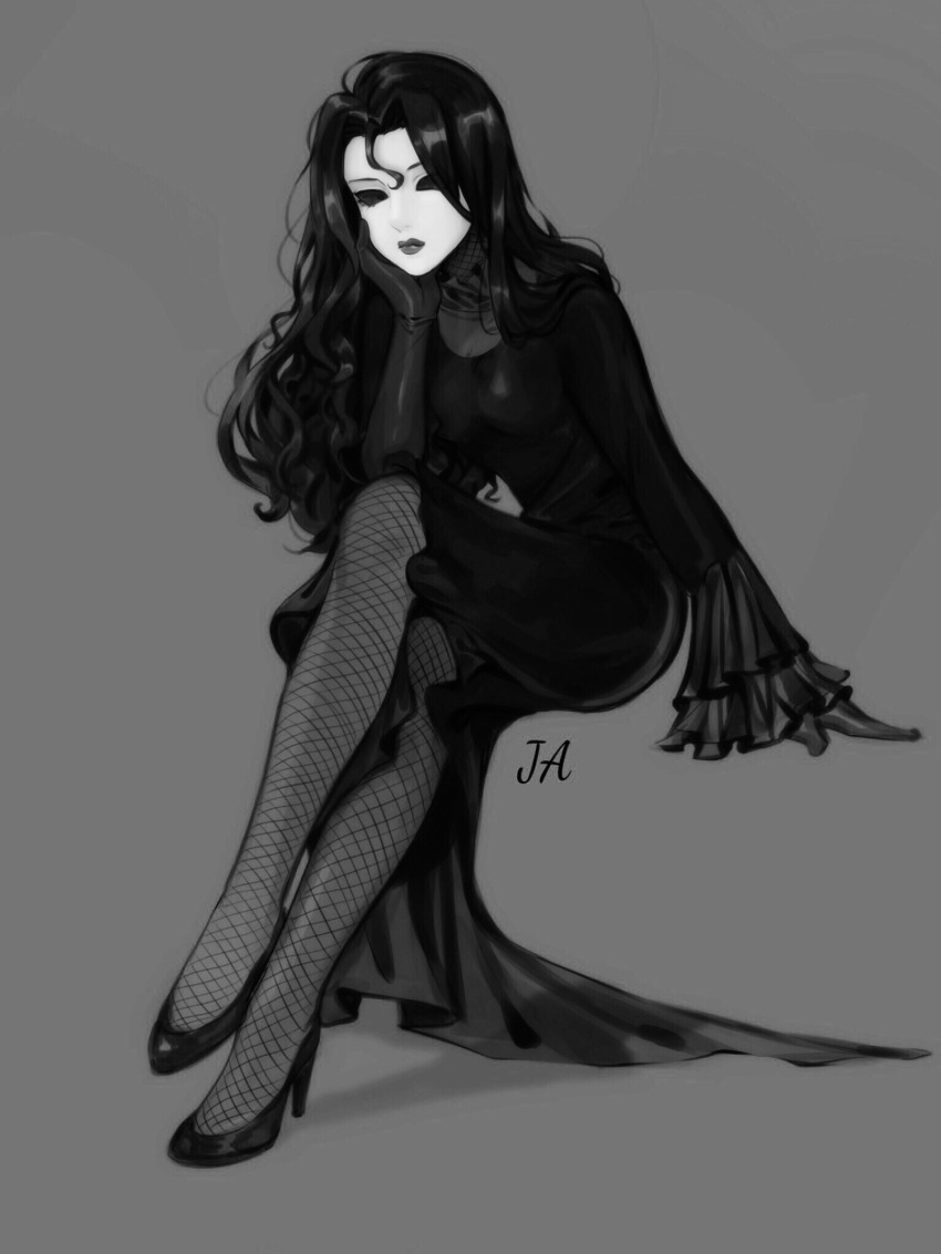1girl arm_support breasts character_name chinese_commentary closed_mouth commentary_request creepypasta curtained_hair dress elbow_gloves fishnet_pantyhose fishnets frilled_dress frilled_sleeves frills full_body gloves grey_background greyscale hair_between_eyes hand_on_own_cheek hand_on_own_face hand_up high_contrast high_heels highres hollow_eyes invisible_chair jane_the_killer lipstick long_hair long_sleeves looking_at_viewer makeup medium_breasts medium_dress monochrome pantyhose sgledehea simple_background sitting sleeves_past_wrists solo very_long_hair wavy_hair