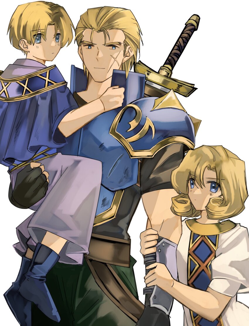 1girl 2boys armor asymmetrical_bangs black_gloves blonde_hair blue_eyes blue_footwear boots closed_mouth curtained_hair fire_emblem fire_emblem:_mystery_of_the_emblem gloves highres jubelo_(fire_emblem) multiple_boys nintendo ogma_(fire_emblem) omlililimo scar scar_on_face short_hair shoulder_armor simple_background smile sword sword_on_back weapon weapon_on_back white_background yuliya_(fire_emblem)