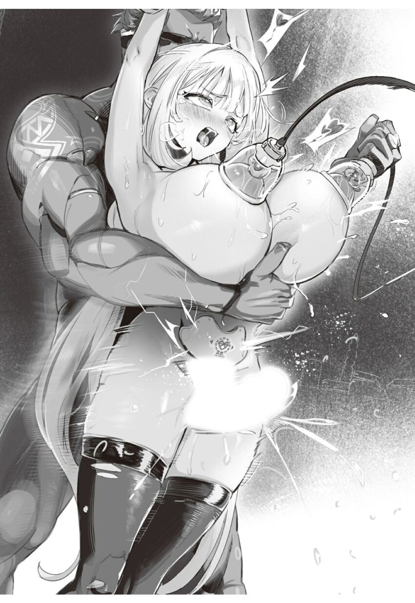 1boy 1girl ahegao alicia_(goetia_shock) blush breasts censored dildo goetia_shock heavy_breathing highres huge_breasts long_hair milking_machine monochrome navel nipples novel_illustration nude official_art ookuma_nekosuke oppai_loli sex_toy sweat tears thigh_sex trembling