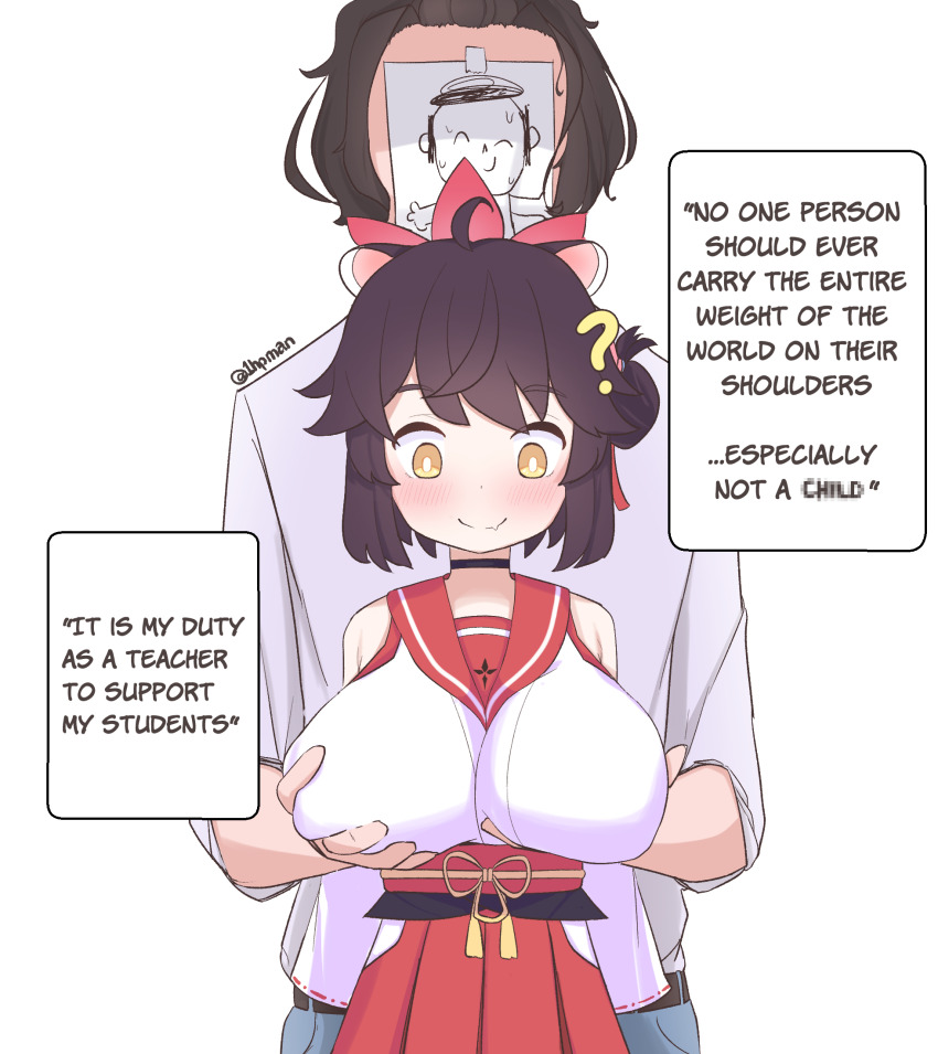 1boy 1girl 1hpman ? ahoge animal_ears black_choker blue_archive breasts brown_hair choker doodle_sensei_(blue_archive) english_text fang grabbing_another&#039;s_breast groping hair_bun halo highres kaede_(blue_archive) large_breasts loli onii-loli oppai_loli raccoon_ears raccoon_girl red_halo red_sailor_collar sailor_collar sensei_(blue_archive) shirt short_hair simple_background single_side_bun skin_fang speech_bubble white_background white_shirt yellow_eyes