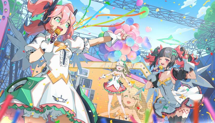 3girls absurdres balloon bare_legs bare_shoulders black_choker black_hair black_thighhighs blue_sky blush bow breasts chinatsu_remiel choker chunhwei_lee cleavage concert dress fingerless_gloves frilled_dress frills gloves glowstick gradient_eyes green_bow green_eyes green_hair green_halo hair_bow halo highres holding holding_microphone idol idol_clothes long_hair microphone multicolored_eyes multicolored_hair multiple_girls multiple_hair_bows music one_eye_closed open_mouth penlight_(glowstick) pink_hair puffy_short_sleeves puffy_sleeves quad_tails red_eyes rokudu_sariel short_sleeves side_ponytail singing sky small_breasts smile stage thighhighs twintails two-tone_hair v white_dress yellow_bow yutane_johiel zenless_zone_zero