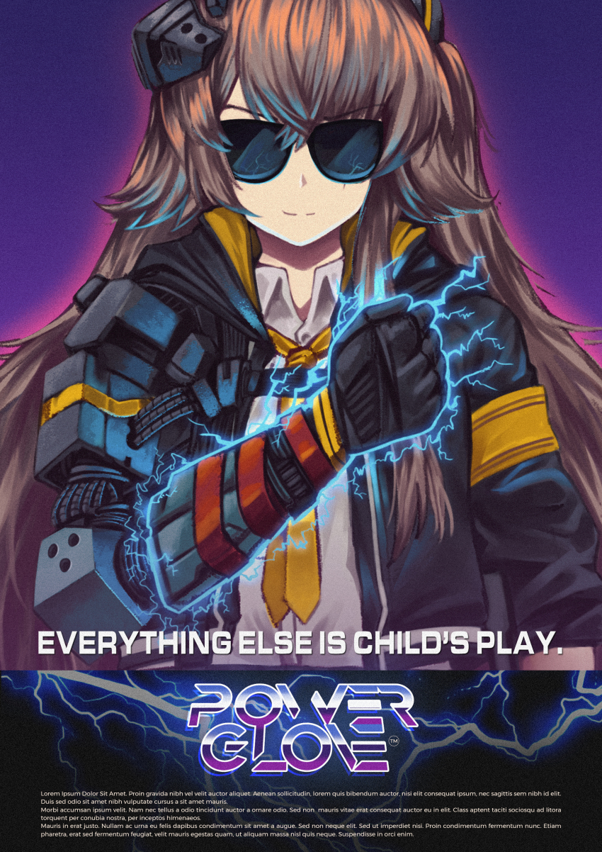 1980s_(style) 1girl absurdres ad black_jacket brown_hair collared_shirt english_text female_focus girls&#039;_frontline highres hood hood_down huge_filesize jacket lightning mechanical_arms nintendo oldschool one_side_up open_clothes open_jacket parody persocon93 power_glove retro_artstyle scar scar_across_eye scar_on_face shirt single_mechanical_arm solo ump45_(girls&#039;_frontline) ump45_(mod3)_(girls&#039;_frontline) white_shirt