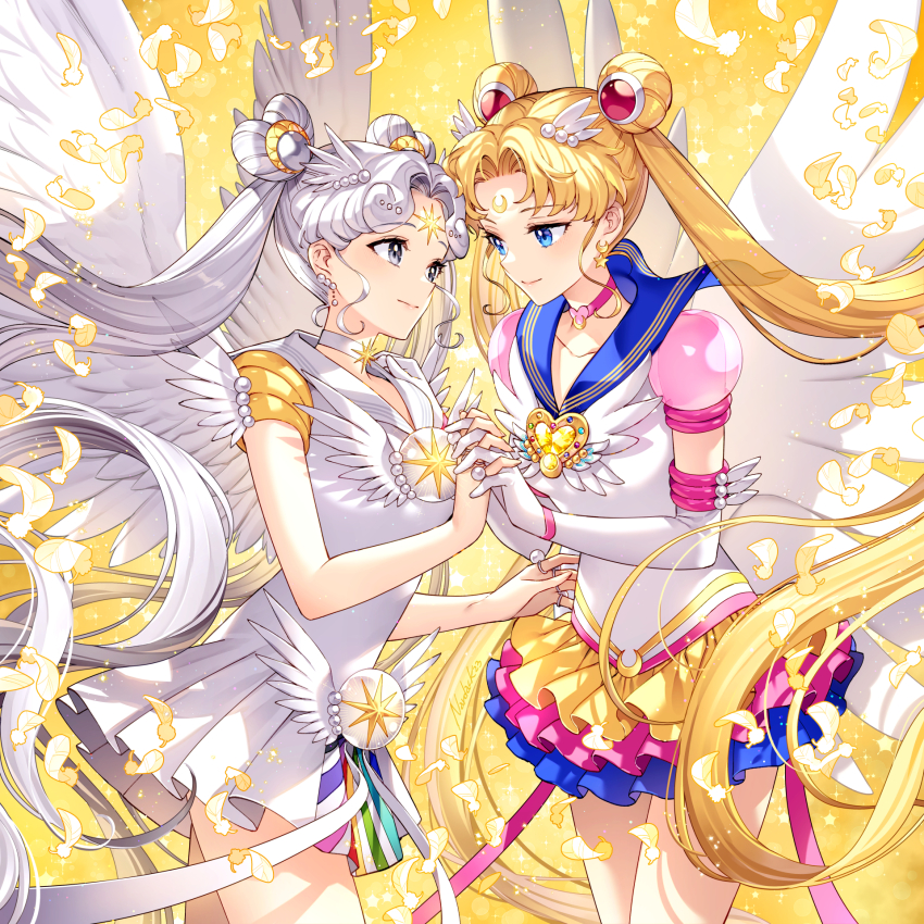 2girls bishoujo_senshi_sailor_moon bishoujo_senshi_sailor_moon_stars blonde_hair blue_eyes blue_sailor_collar brooch choker closed_mouth collarbone commentary crescent crescent_earrings crescent_facial_mark double_bun dress earrings elbow_gloves eternal_sailor_moon facial_mark feathered_wings feathers forehead_mark frilled_dress frills gloves grey_choker grey_eyes grey_hair hair_bun hair_ornament heart heart_brooch heart_hair_bun heart_o-ring heart_ring_choker highres holding_hands interlocked_fingers jewelry long_hair looking_at_another magical_girl multiple_girls multiple_rings nardack o-ring o-ring_choker parted_bangs pleated_dress ring sailor_collar sailor_cosmos sailor_moon sailor_senshi_uniform sidelocks standing star_(symbol) star_earrings star_facial_mark tsukino_usagi twintails very_long_hair white_dress white_gloves wings