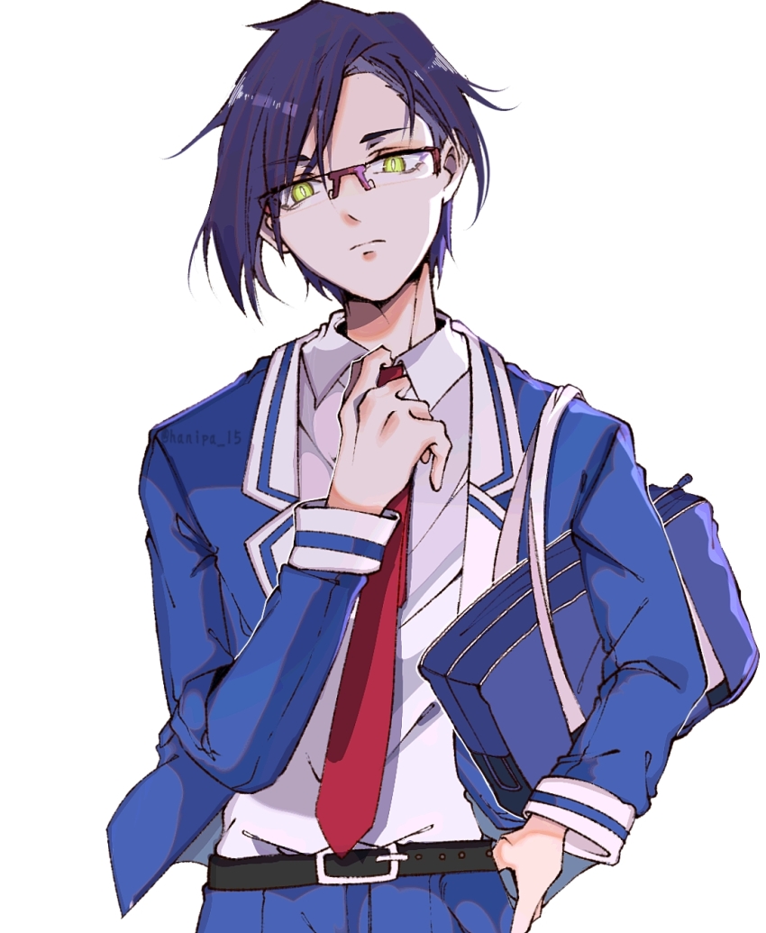 1boy adjusting_clothes adjusting_necktie bag belt black_hair bookbag glasses hand_up haniwa15 highres long_sleeves male_focus munou_na_nana necktie red-framed_eyewear red_necktie school_uniform simple_background solo standing tachibana_jin thumb_in_pocket white_background yellow_eyes