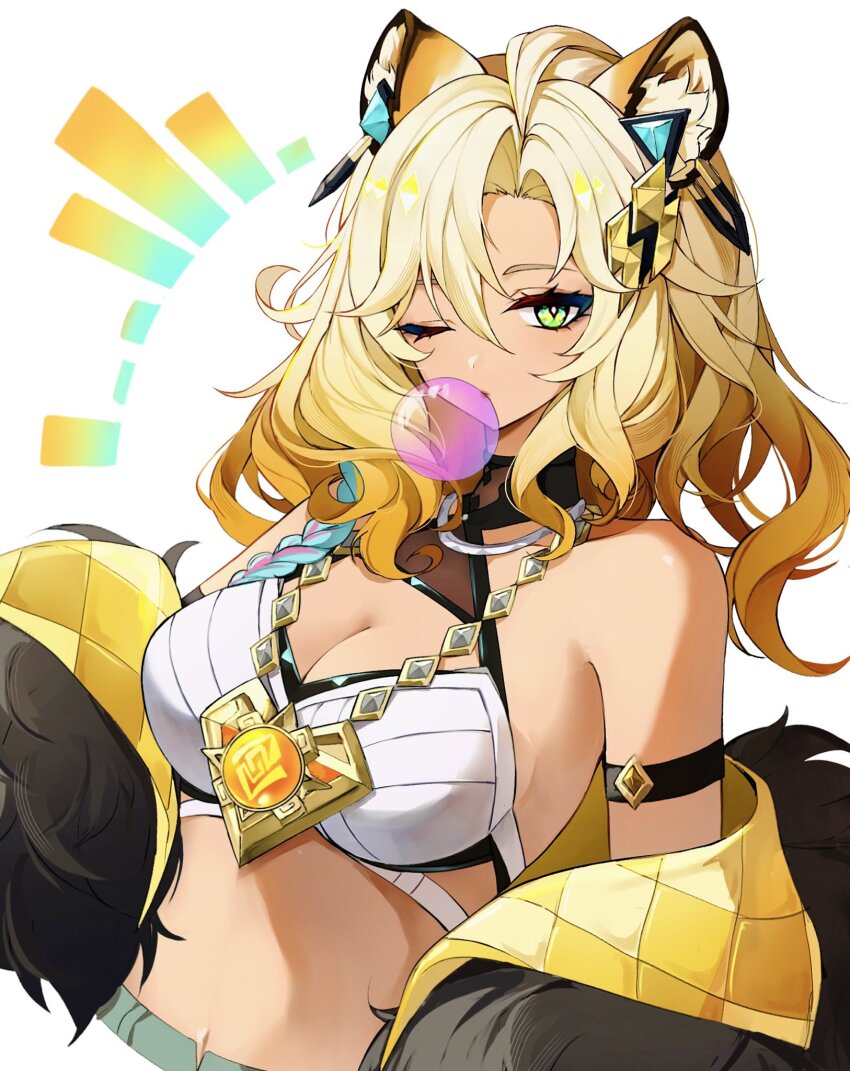 1girl animal_ears arm_strap bare_shoulders blonde_hair blowing_bubbles breasts cleavage commentary crop_top dark_skin genshin_impact green_eyes hair_between_eyes hair_ornament highres jaguar_ears jewelry long_hair looking_at_viewer midriff nirako_mona off_shoulder one_eye_closed pendant simple_background solo upper_body white_background xilonen_(genshin_impact)