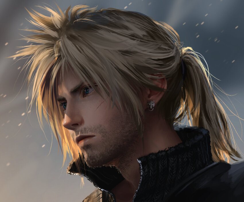 1boy absurdres aged_up beard black_shirt blonde_hair blue_eyes closed_mouth cloud cloud_strife cloudy_sky commentary earrings english_commentary facial_hair facial_scar final_fantasy final_fantasy_vii final_fantasy_vii_remake high_collar high_ponytail highres jewelry looking_to_the_side male_focus ponytail portrait realistic safaia scar scar_on_cheek scar_on_face serious shirt sky spiked_hair stubble stud_earrings zipper
