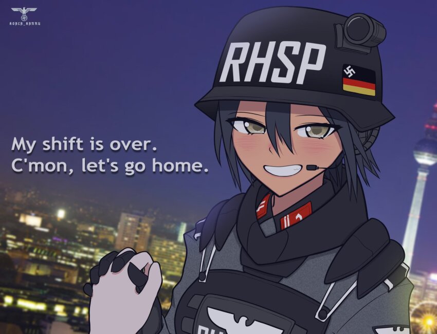 1girl artist_name black_gloves black_hair blush body_armor combat_helmet german_flag gloves hair_between_eyes hat headset helmet holding_hands koalakanru long_sleeves looking_at_viewer military_uniform nazi original photo_background reichsadler riot_police short_hair siegrunen smile solo ss_insignia ss_uniform swastika waffen-ss yellow_eyes