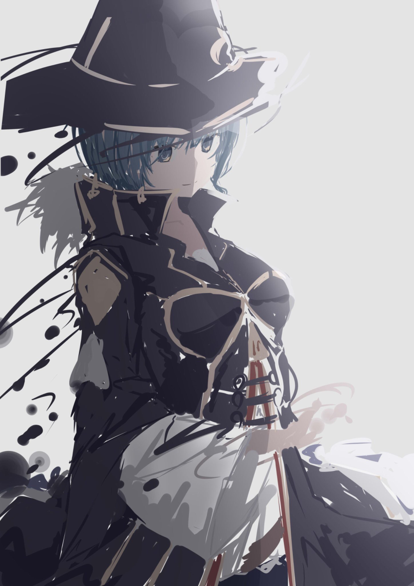 1girl blue_coat blue_eyes blue_hair breasts closed_mouth coat fam_(grimms_notes) grimms_notes highres iumi_urura short_hair sketch smile solo upper_body white_background wide_sleeves