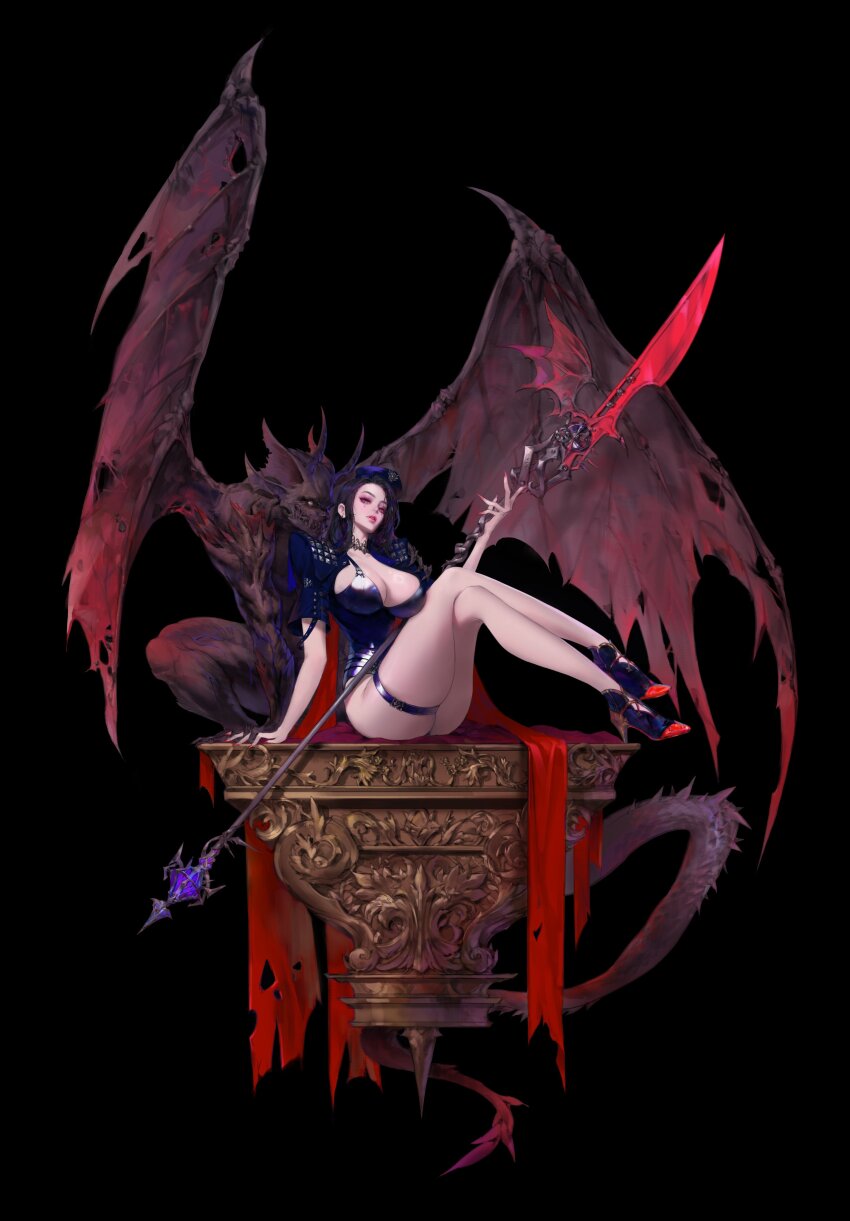 1girl absurdres ass black_background black_hair boots breasts cleavage crossed_legs demon demon_wings dragon earrings fingernails full_body gem hat high_heels highres holding holding_polearm holding_weapon horns jewelry kira8good large_breasts long_fingernails long_hair looking_at_viewer makeup original polearm police_hat purple_hair red_eyes red_nails sharp_fingernails short_sleeves simple_background sitting solo spear tail thigh_strap torn torn_clothes torn_wings weapon wings