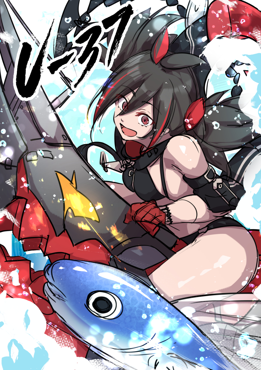 1girl absurdres azur_lane bare_shoulders bikini black_bikini black_hair character_name gloves highres looking_at_viewer multicolored_hair open_mouth oriue_wato red_eyes red_gloves red_hair rigging sketch solo streaked_hair swimsuit u-37_(azur_lane) water