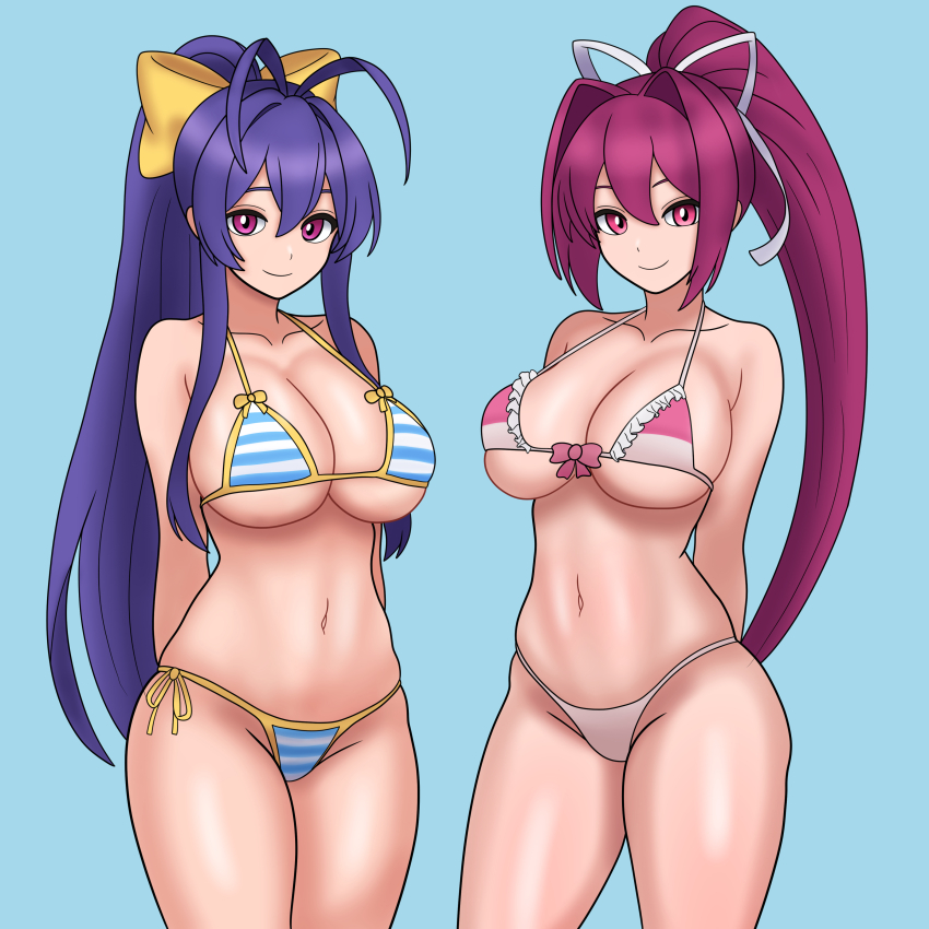 2girls absurdres arc_system_works arms_behind_back bikini blazblue blazblue:_cross_tag_battle bojack198 breasts cleavage crossover hair_ribbon highres large_breasts legs long_hair looking_at_viewer mai_natsume multiple_girls navel pink_eyes pink_hair ponytail purple_eyes purple_hair ribbon smile swimsuit thighs thong_bikini toned under_night_in-birth very_long_hair yuzuriha_(under_night_in-birth)