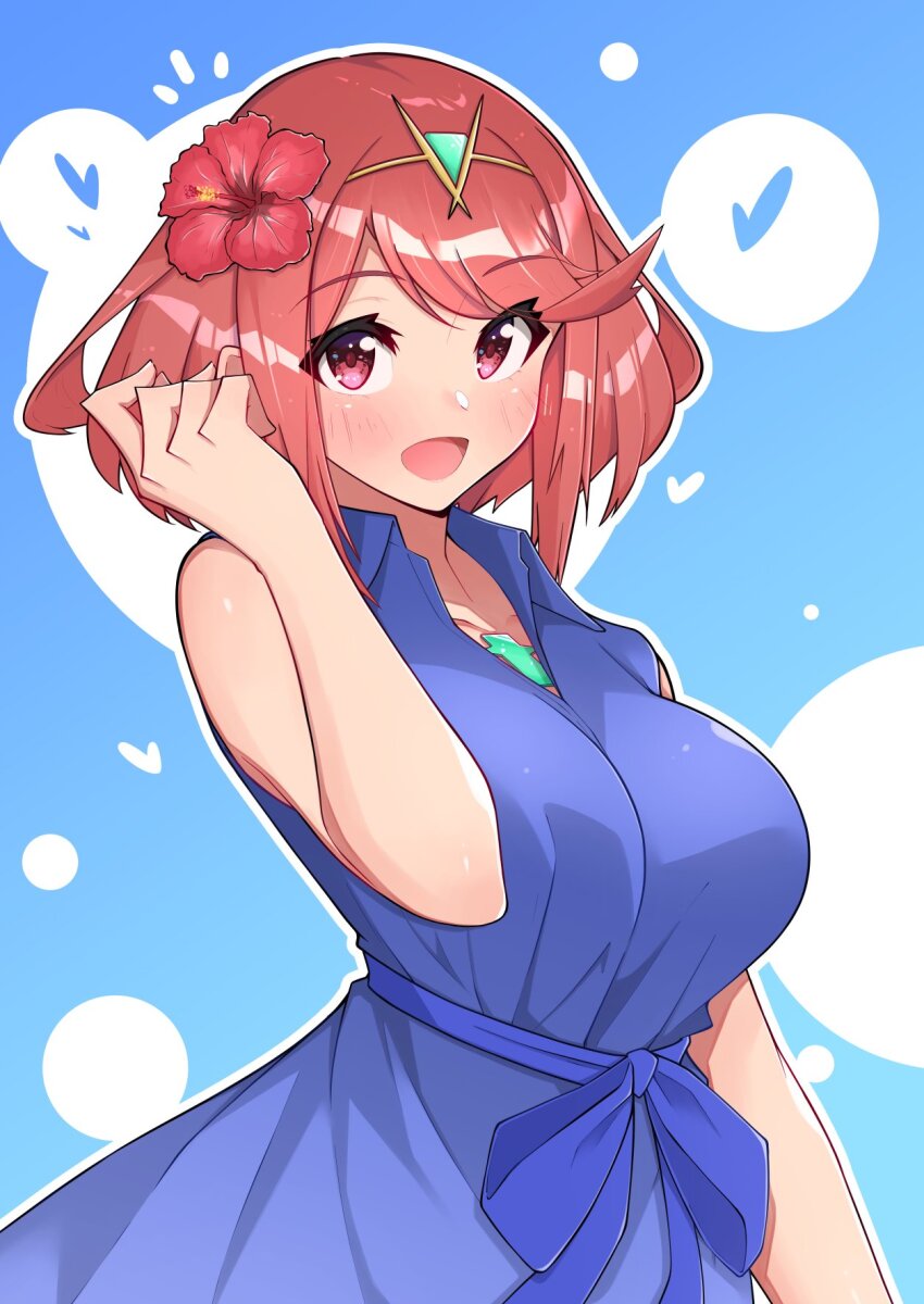 1girl bare_shoulders blue_dress blue_eyes breasts chest_jewel commentary_request core_crystal_(xenoblade) dress highres large_breasts osora_(judithandlilith) pyra_(xenoblade) red_eyes red_hair simple_background sleeveless sleeveless_dress solo tiara xenoblade_chronicles_(series) xenoblade_chronicles_2