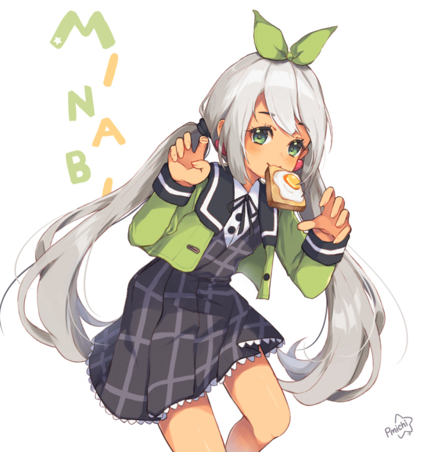 1girl :3 asagawa_mikan_(peachy_michi) bare_legs black_dress bow bread bread_slice character_name commentary cowboy_shot dress earrings egg egg_(food) english_commentary female_focus food food_in_mouth fried_egg fried_egg_on_toast green_bow green_eyes green_jacket grey_hair hair_bow jacket jewelry long_hair looking_at_viewer maplestory maplestory_2 mouth_hold original paw_pose plaid_clothes plaid_dress school_uniform signature simple_background smile solo standing star_(symbol) star_in_eye symbol_in_eye tan toast toast_in_mouth twintails white_background wizard_(maplestory_2)