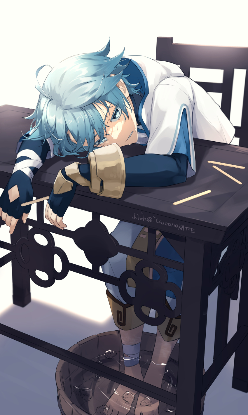 1boy absurdres ahoge artist_name bandaged_arm bandaged_leg bandages barefoot black_gloves blue_eyes blue_hair bracelet bucket chair chinese_clothes chongyun_(genshin_impact) colored_eyelashes commentary_request elbow_gloves fingerless_gloves genshin_impact gloves hair_between_eyes highres hood hood_down hoodie hot ice ice_cube itsumono_katze jewelry looking_at_viewer male_focus on_chair pants parted_lips popsicle_stick shadow short_hair short_sleeves signature simple_background sitting soaking_feet solo sweat table water white_background white_hoodie white_pants wooden_bucket