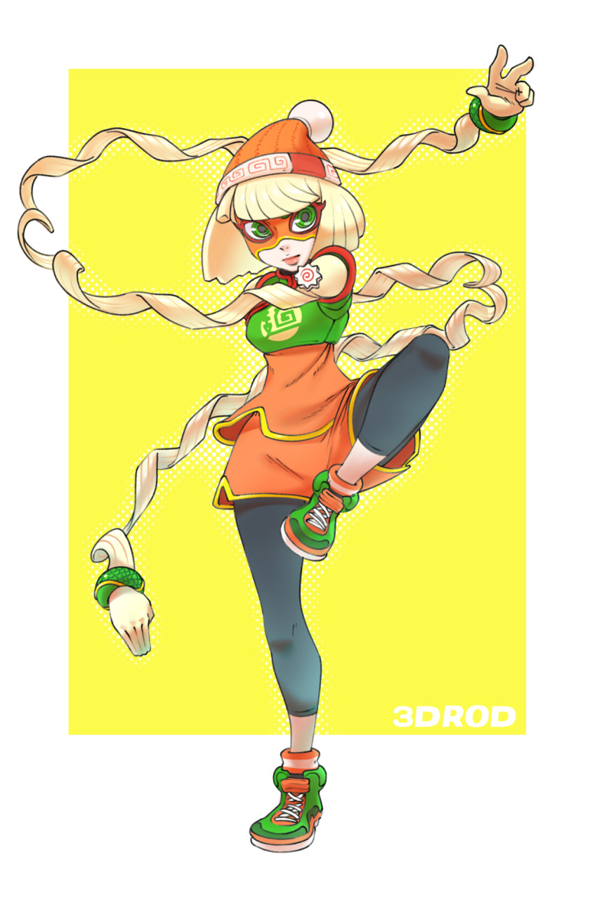 1girl 3d_rod! arms_(game) artist_name beanie blonde_hair bob_cut bracelet eye_mask green_eyes green_shoes hat highres jewelry leggings leggings_under_shorts min_min_(arms) orange_shirt orange_shorts orange_socks outside_border shirt shoes short_hair shorts sneakers socks solo standing standing_on_one_leg extendable_limbs