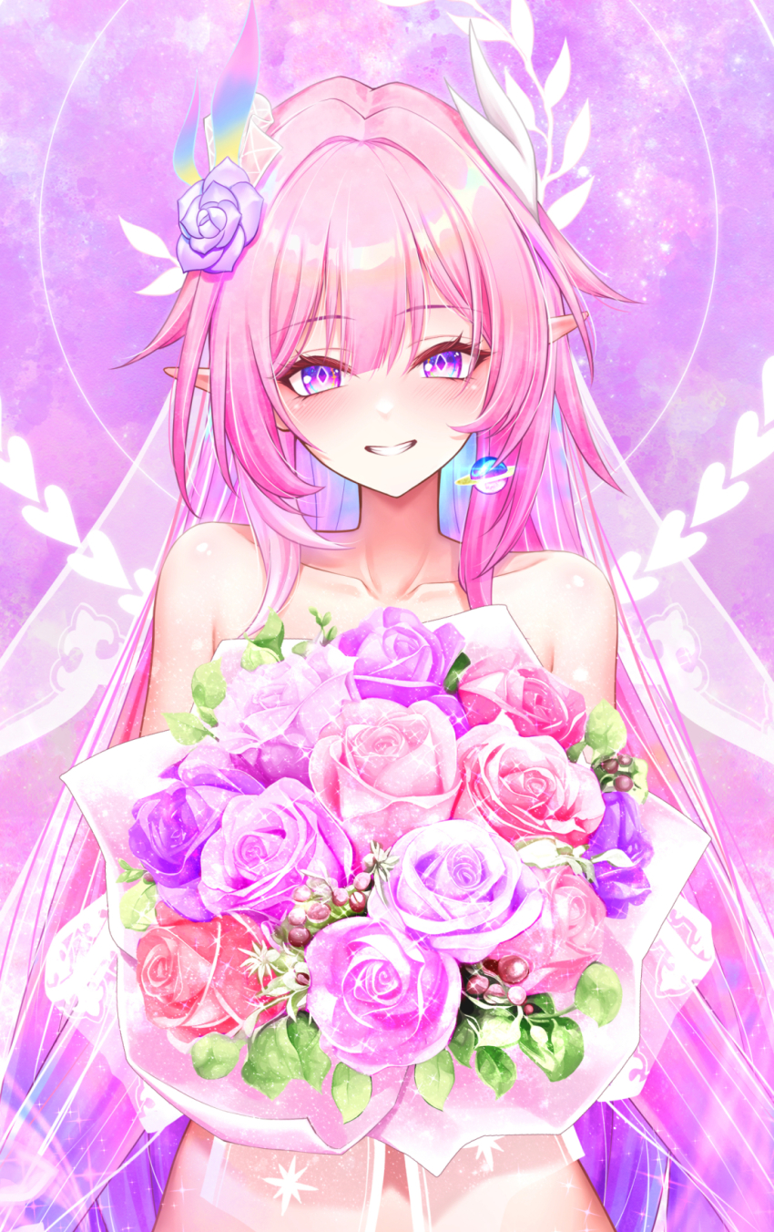 1girl bouquet chinese_commentary collarbone commentary_request completely_nude cropped cyrene_(honkai:_star_rail) cyrene_(ripples_of_past_reverie)_(honkai:_star_rail) diamond-shaped_pupils diamond_(shape) flower gradient_hair grin hair_flower hair_ornament halo halo_behind_head highres holding holding_bouquet honkai:_star_rail honkai_(series) long_hair looking_at_viewer multicolored_hair nude paid_reward_available partial_commentary pink_flower pink_hair pink_rose pointy_ears purple_background purple_eyes purple_flower purple_hair purple_rose rose royboy sidelocks smile solo symbol-shaped_pupils upper_body veil very_long_hair white_veil