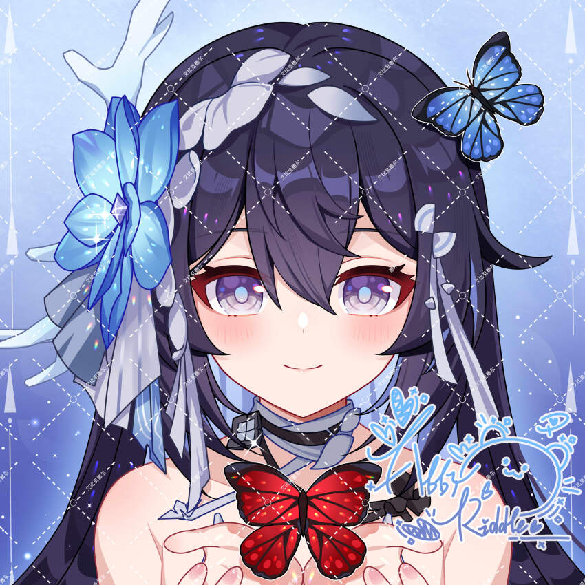 1girl abby_riddle absurdres bare_shoulders blue_background blue_butterfly blue_flower blush bug butterfly chinese_commentary closed_mouth commentary cupping_hands flower hair_flower hair_ornament highres honkai_(series) honkai_impact_3rd insect own_hands_together portrait red_butterfly seele_vollerei seele_vollerei_(herrscher_of_rebirth) signature smile solo watermark watermark_grid