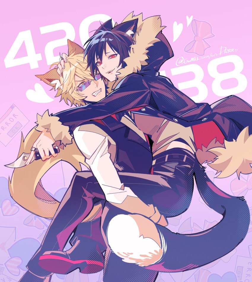 alternate_costume animal_ear_fluff animal_ears belt black_belt black_hair black_jacket black_pants black_vest blonde_hair blue-tinted_eyewear bow bowtie carrying carrying_person cat_boy cat_ears cat_tail clenched_teeth copyright_name dog_boy dog_ears dog_tail dress_shirt durarara!! eromkk feet_out_of_frame fur-trimmed_hood fur-trimmed_jacket fur-trimmed_sleeves fur_trim halftone hand_on_another&#039;s_face heart heiwajima_shizuo highres holding holding_knife holding_weapon hood jacket kemonomimi_mode knife lapels leg_lock long_sleeves looking_at_another midriff notched_lapels orange_eyes orihara_izaya pants parted_bangs pink_background pink_bow red_eyes shirt shoes short_hair smile tail teeth tinted_eyewear twitter_username vest weapon white_shirt