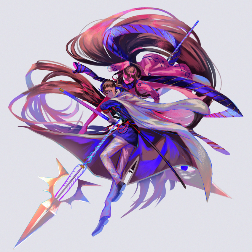 1boy 1girl absurdly_long_hair black_hair cape coat fate/grand_order fate_(series) highres katana long_coat long_hair military military_uniform nekohai_darake oryou_(lancer)_(fate) polearm ponytail red_coat sakamoto_ryouma_(lancer)_(fate) scarf smile spear striped_clothes striped_scarf sword vertical-striped_clothes vertical-striped_scarf very_long_hair weapon