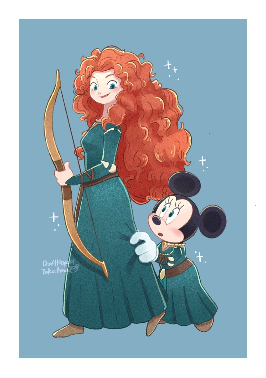 2girls blue_eyes bow_(weapon) brave_(pixar) cosplay crossover curly_hair disney dress highres long_hair looking_at_another looking_at_viewer merida_(brave) merida_(brave)_(cosplay) mickey_mouse_&amp;_friends minnie_mouse multiple_girls orange_hair red_hair smile takatmaorange weapon