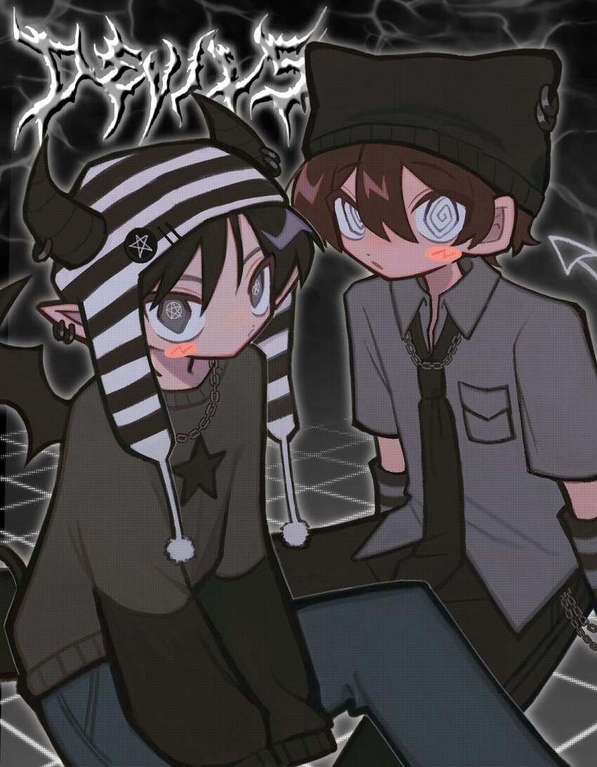 2boys @_@ abstract_background animal_hat art_trade black_hair black_theme blush_stickers brown_hair cat_hat chain chain_necklace demon_boy demon_horns demon_tail demon_wings denim earrings emo_fashion grey_eyes hat highres horns jeans jewelry multiple_boys necklace necktie original pants pentacle pointy_ears pom_pom_(clothes) short_hair sitting striped_clothes striped_headwear sweater tail tan wings yappari