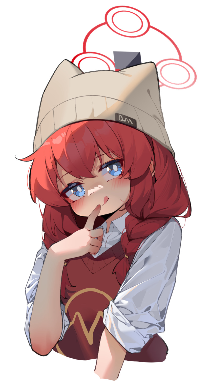 1girl absurdres beanie blue_archive blue_eyes blush braid halo hand_up hat highres licking_lips long_hair long_sleeves looking_at_viewer maki_(blue_archive) maki_(camp)_(blue_archive) official_alternate_costume official_alternate_hairstyle painterliuhao red_hair red_halo red_sweater shirt simple_background smile solo sweater tongue tongue_out twin_braids upper_body white_background white_shirt