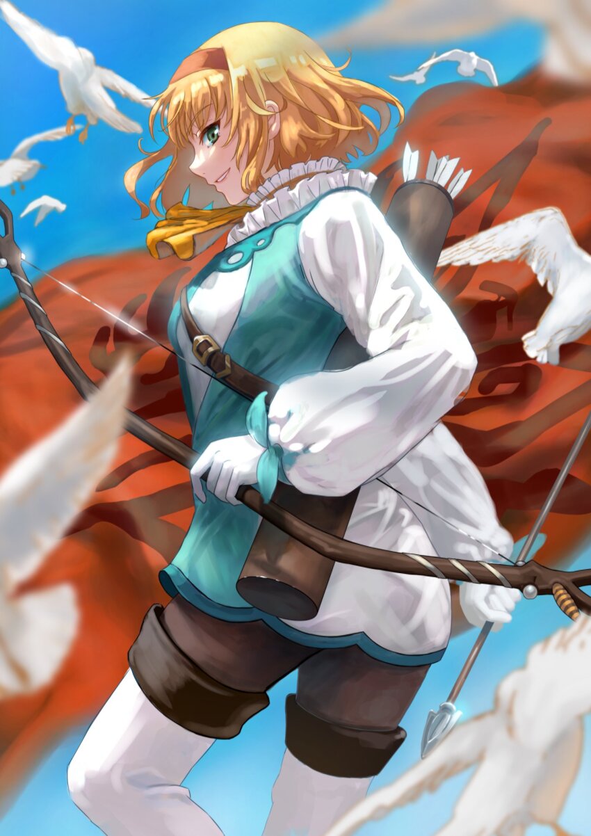 1girl arrow_(projectile) ascot bird black_pantyhose blonde_hair blue_bow blue_sky blunt_bangs blurry blurry_background blurry_foreground boots bow bow_(weapon) collar commentary dress feet_out_of_frame frilled_collar frills from_side gloves green_eyes hairband highres holding holding_bow_(weapon) holding_weapon long_sleeves looking_at_viewer medium_hair natalia_luzu_kimlasca_lanvaldear oda_itsuki orange_hairband outdoors pantyhose parted_lips quiver short_dress sky smile solo tales_of_(series) tales_of_the_abyss thigh_boots weapon white_boots white_gloves wrist_bow yellow_ascot